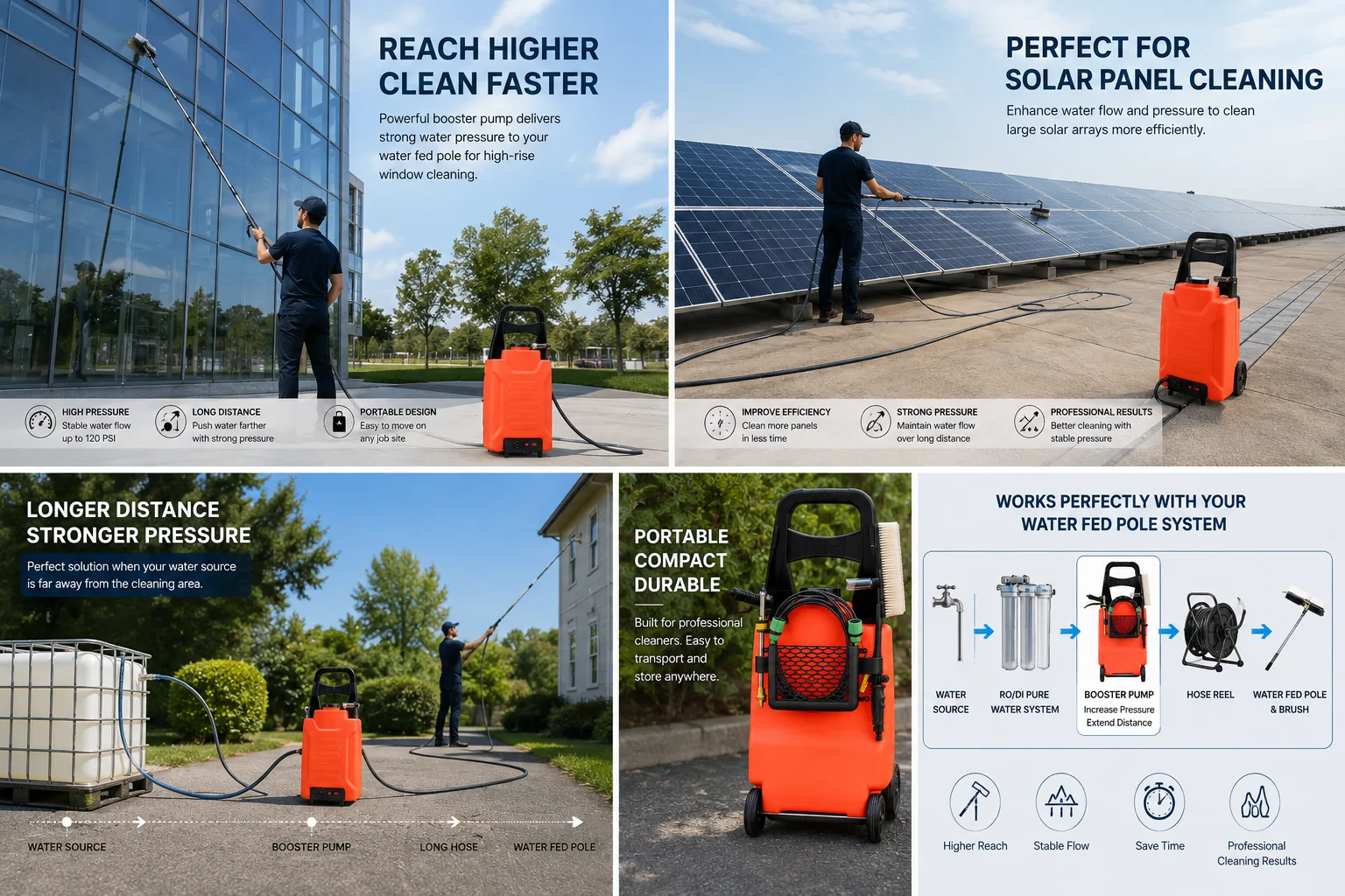 Portable booster pump used for high-reach cleaning and water transfer