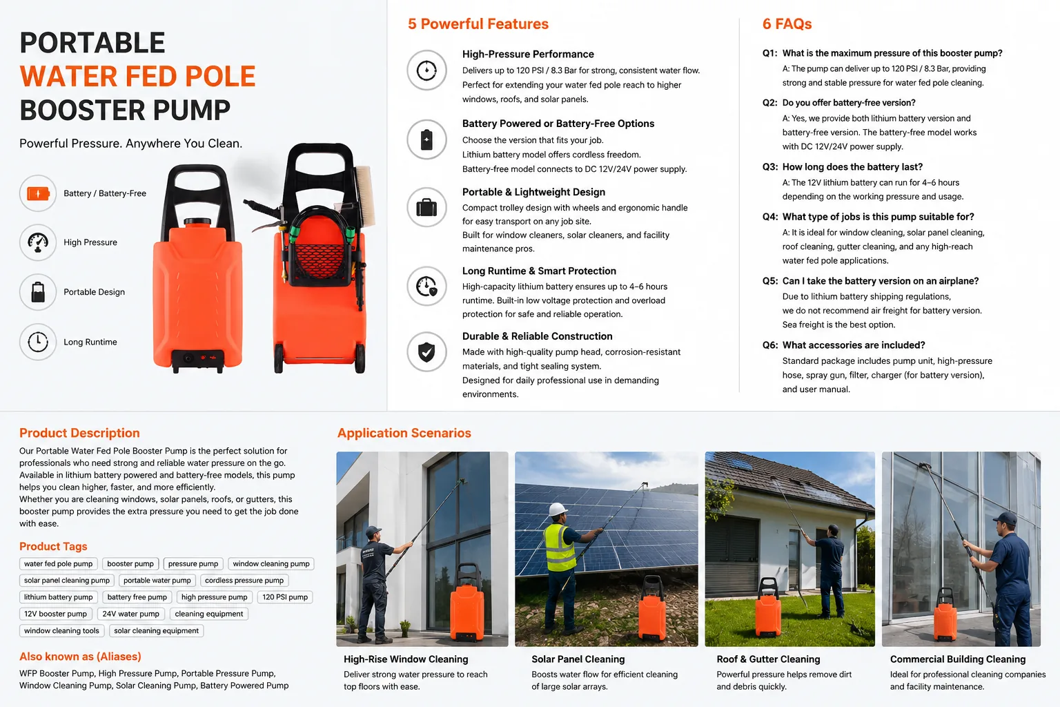 Portable water fed pole booster pump features and operating controls