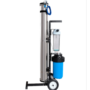 Mobile RO DI pure water filtration system on wheeled frame
